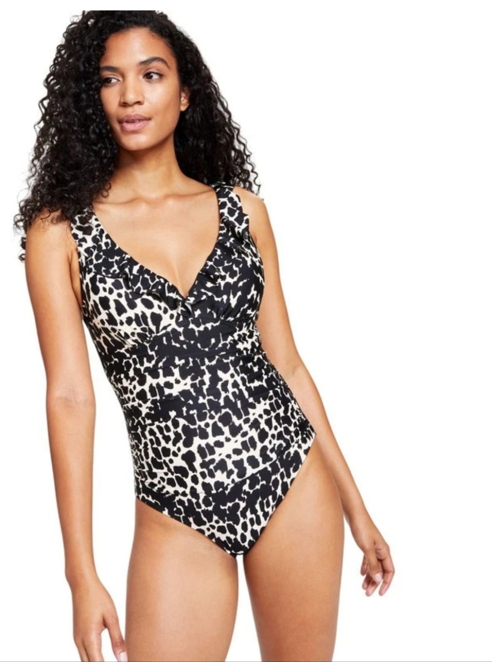 Black & Off White Animal Print One-Piece Swimsuit Ruffle V-neck Tummy Control